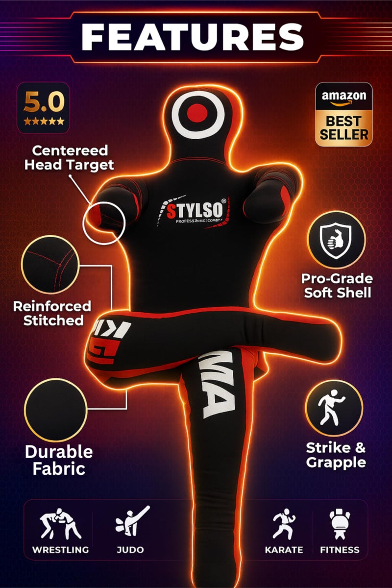 Stylso Un-Filled Grappling Dummy Wrestling Dummy Jiu Jitsu Dummy for BJJ MMA Judo Karate Practice Adult Kids and Youth Training Tackling Dummies - Black, 5ft / 60" - Image 3